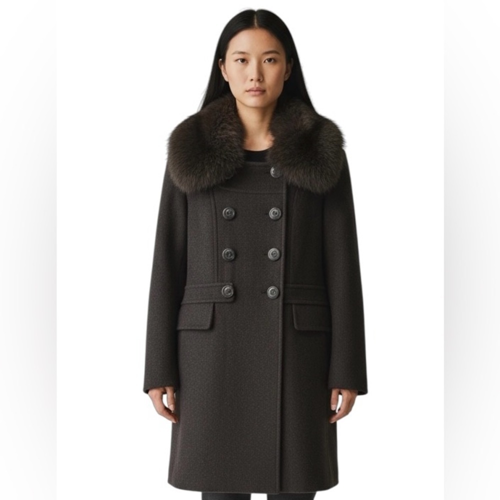 1 Madison Penny Lane Luxe Coat M Genuine FOX FUR Collar Double Breasted Belted